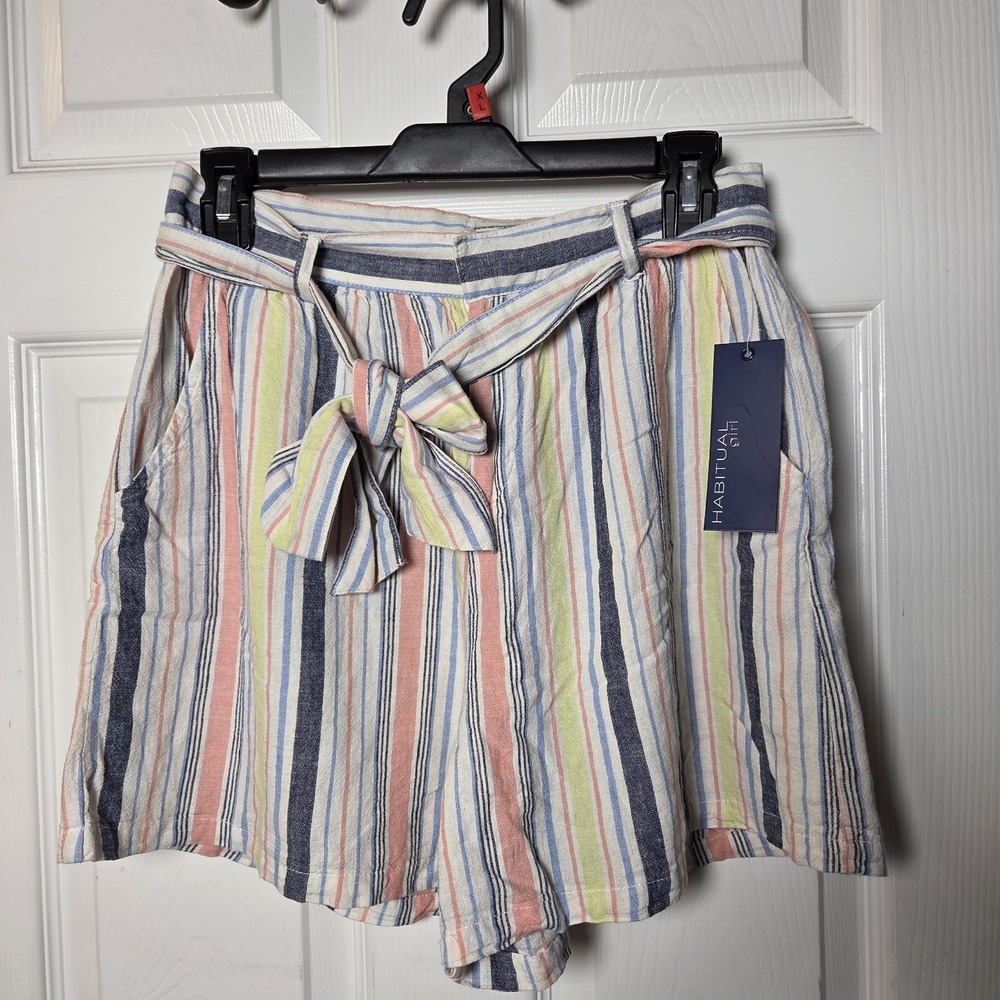 Habitual Girl kids sz 16 striped linen/rayon shorts NWT tie belt casual coastal